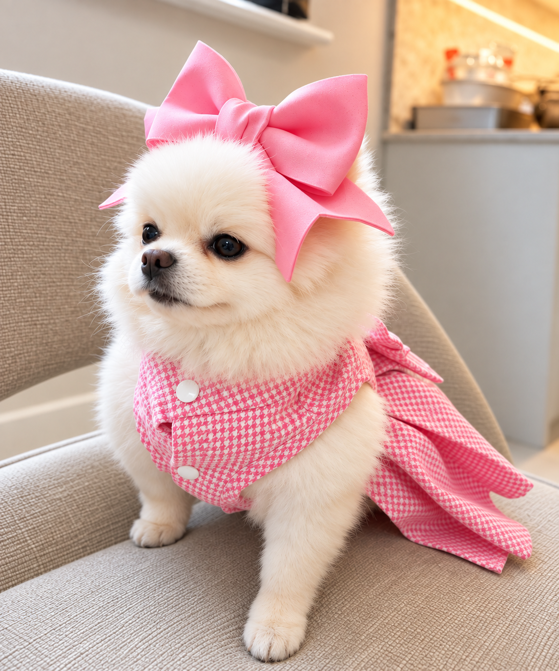 Miso wearing her pink dress and bow